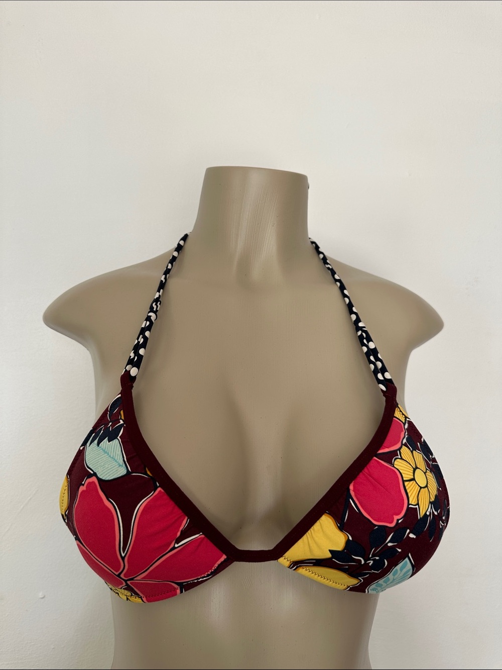 Hollister Burgundy Floral Halter Bikini Top with Pink, Yellow & Teal Accents